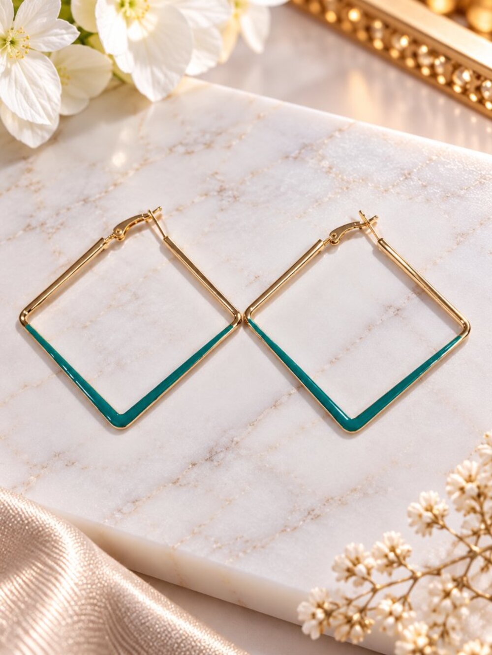 Gold Teal Accent Enamel Diamond / Square Shaped Hoop Earrings - Women jewelry